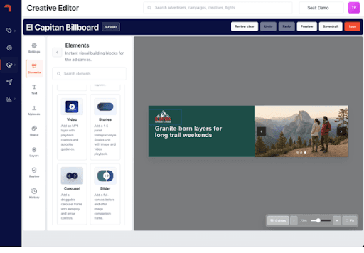 The Leanr Studio creative editor, building a billboard format from an element library of video, stories, carousel and slider blocks.